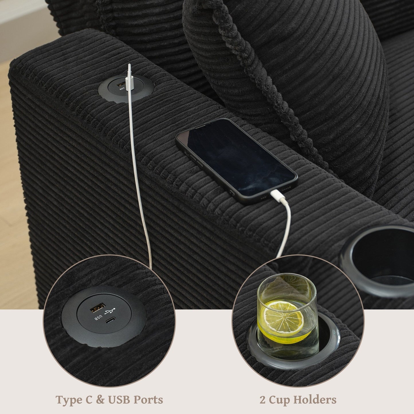 Canapé en L avec port USB et porte-gobelets, canapé 3 places en velours côtelé à rayures avec 1 pouf, noir