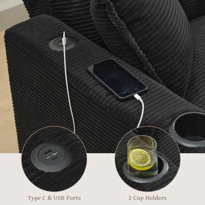 Canapé en L avec port USB et porte-gobelets, canapé 3 places en velours côtelé à rayures avec 1 pouf, noir