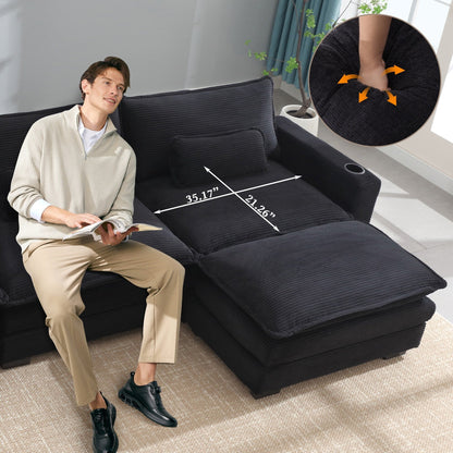 Canapé en L avec port USB et porte-gobelets, canapé 3 places en velours côtelé à rayures avec 1 pouf, noir