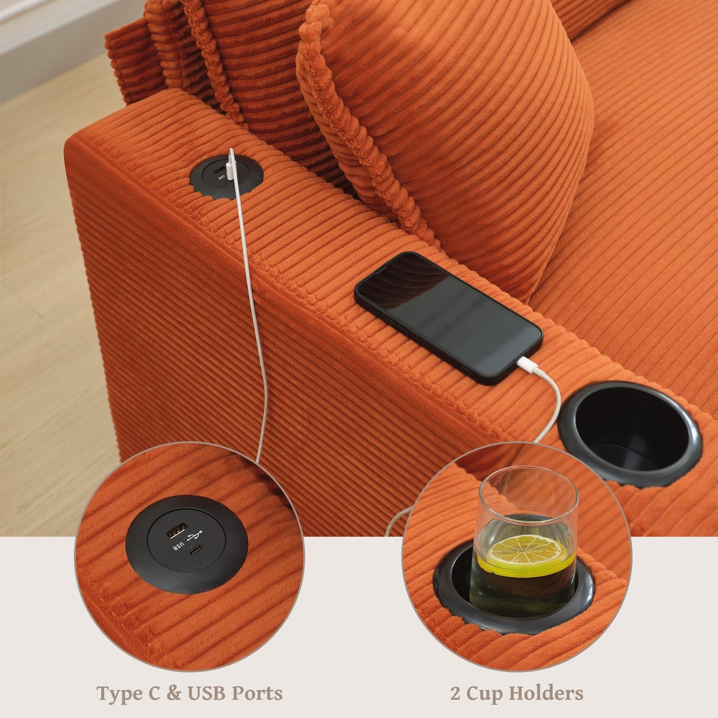 Canapé en L avec port USB et porte-gobelets