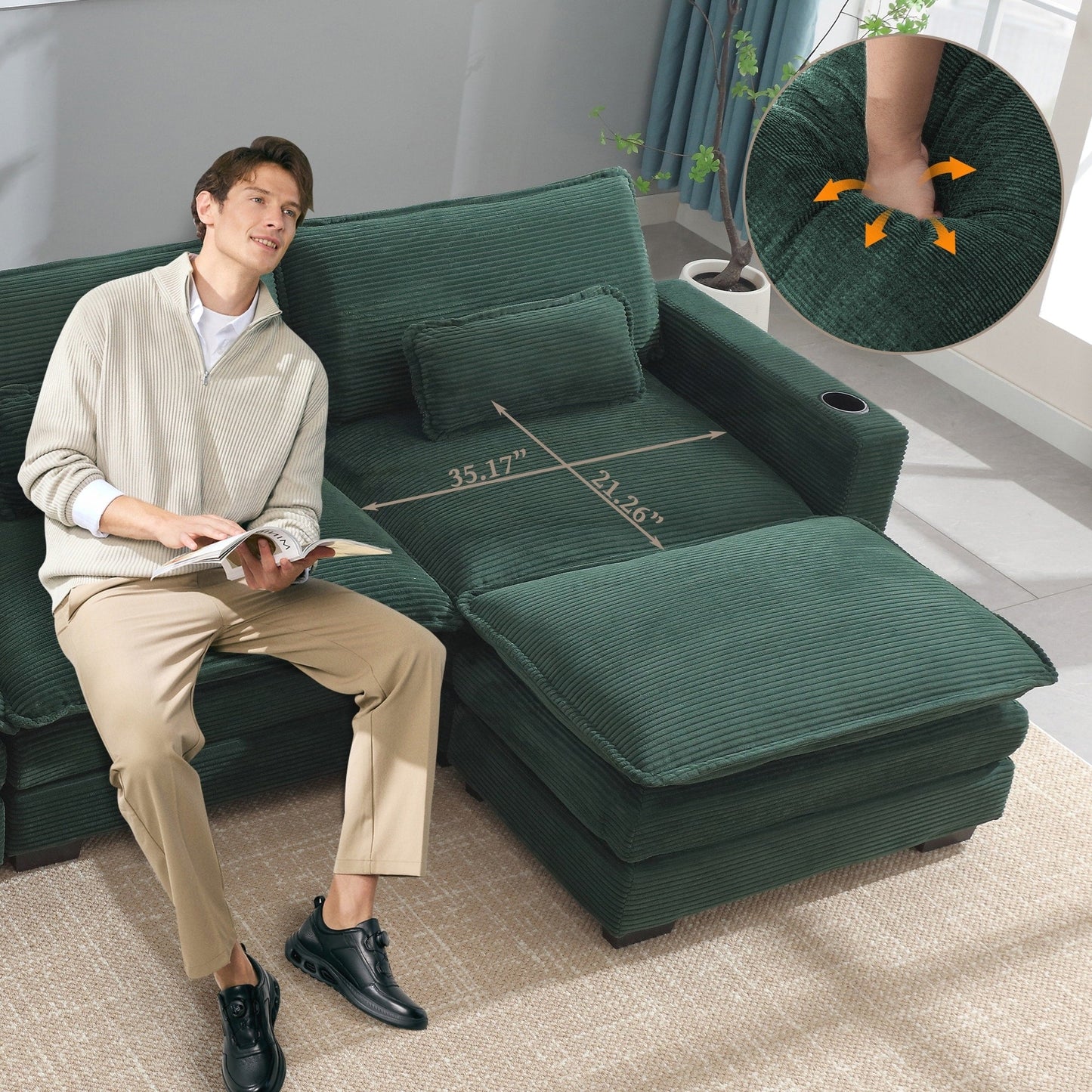 Canapé en L avec port USB et porte-gobelets