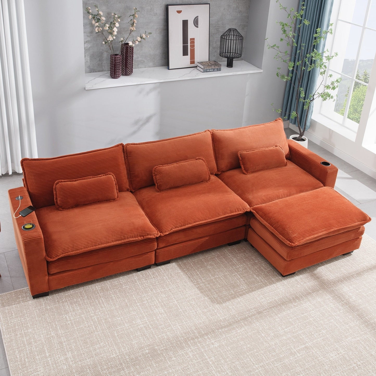 Canapé en L avec port USB et porte-gobelets