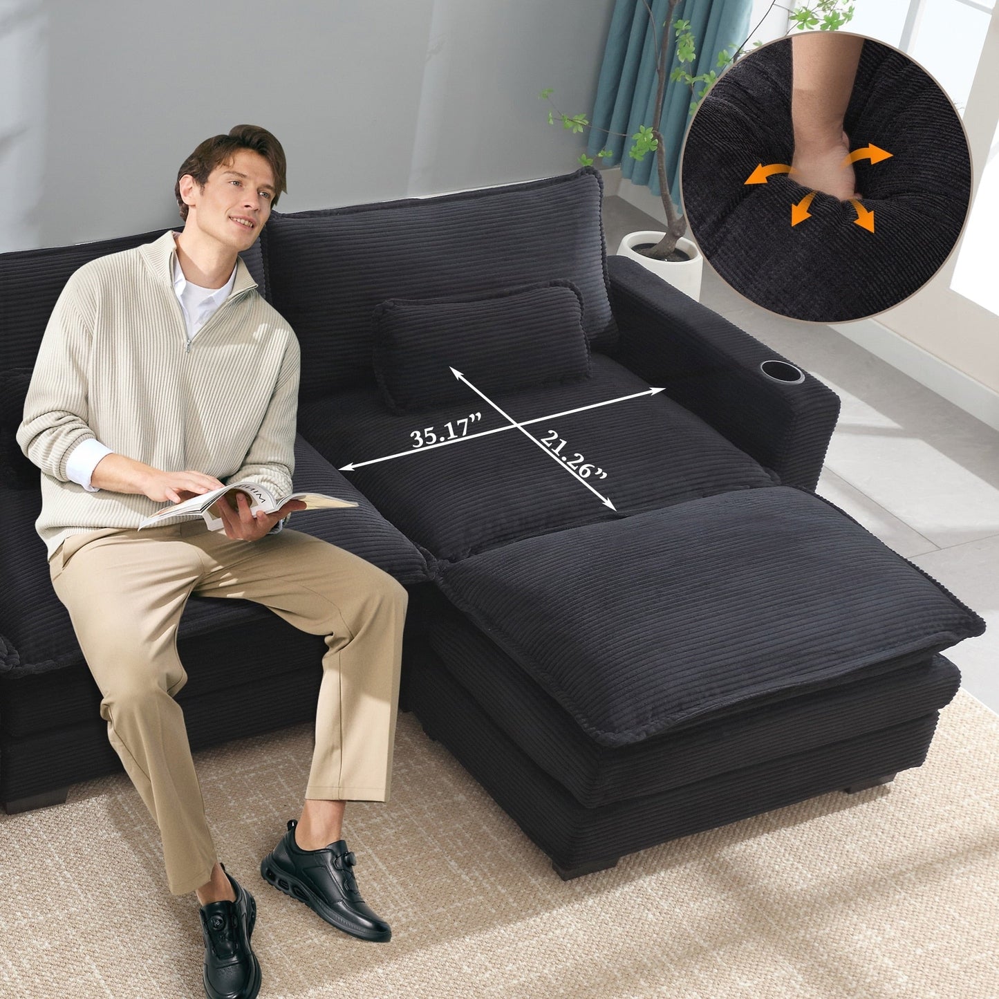 Canapé en L avec port USB et porte-gobelets