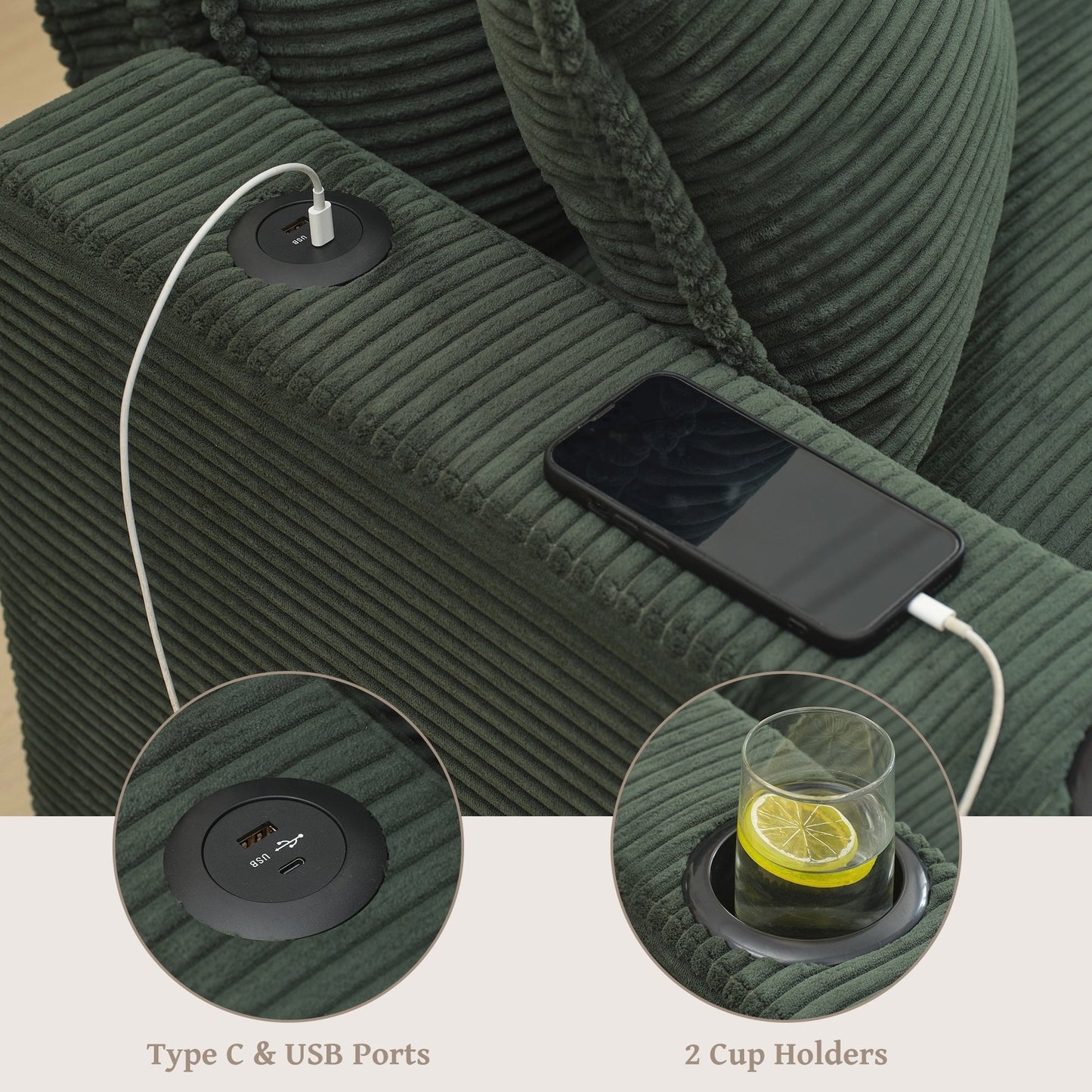 Canapé en L avec port USB et porte-gobelets