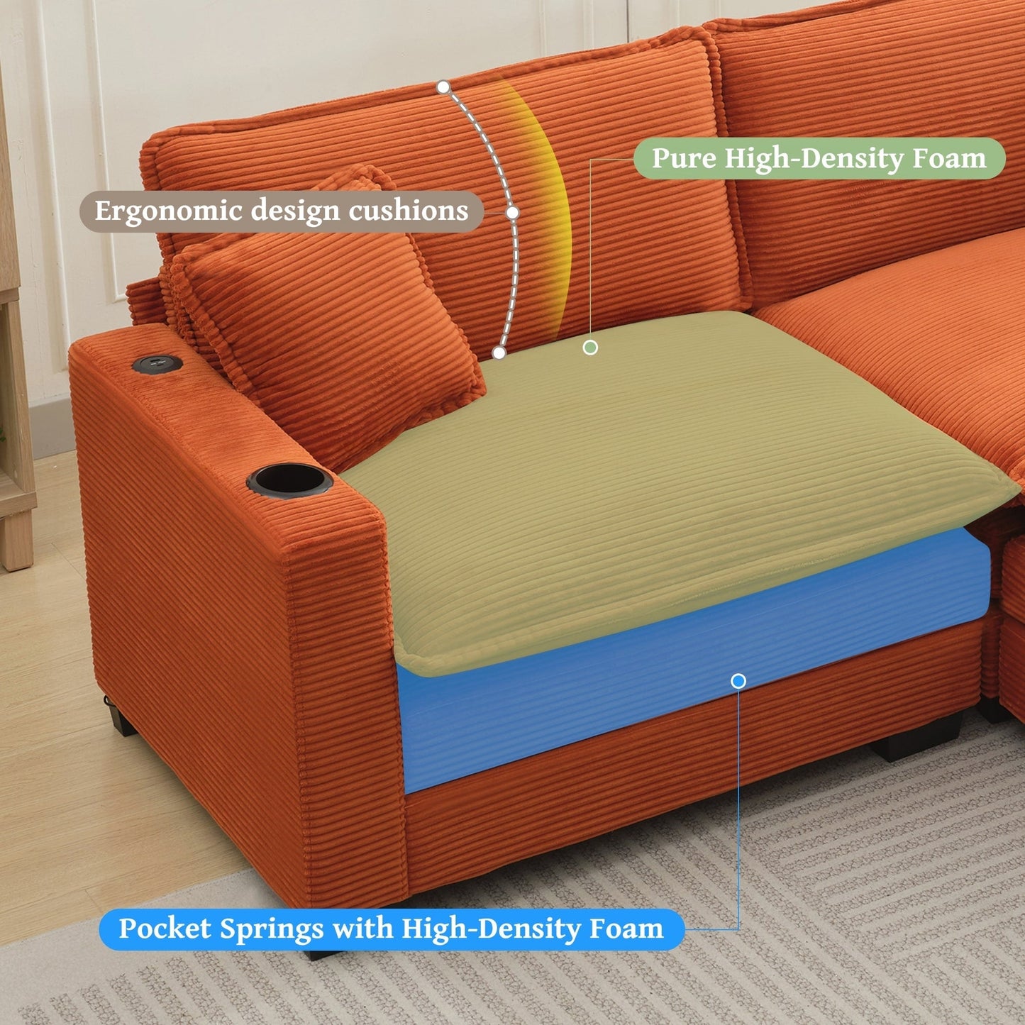 Canapé en L avec port USB et porte-gobelets