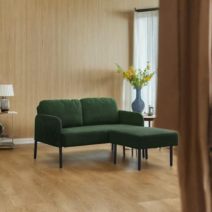 Canapé 2 places en L avec pouf, canapé causeuse moderne en tissu polyester, petit canapé confortable pour petits espaces