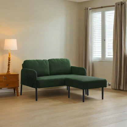 Canapé 2 places en L avec pouf, canapé causeuse moderne en tissu polyester, petit canapé confortable pour petits espaces