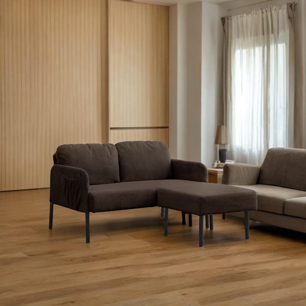 Canapé 2 places en L avec pouf, canapé causeuse moderne en tissu polyester, petit canapé confortable pour petits espaces