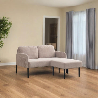 Canapé 2 places en L avec pouf, canapé causeuse moderne en tissu polyester, petit canapé confortable pour petits espaces