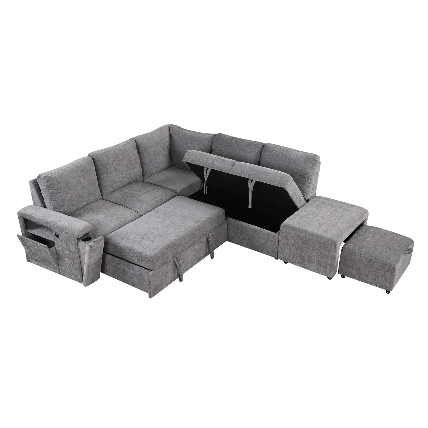 Canapé sectionnel 5 places en L avec pouf coulissant, porte-gobelets intégrés, port de chargement USB et coussins amovibles