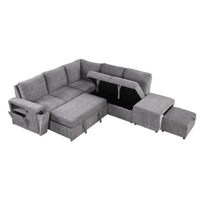 Canapé sectionnel 5 places en L avec pouf coulissant, porte-gobelets intégrés, port de chargement USB et coussins amovibles