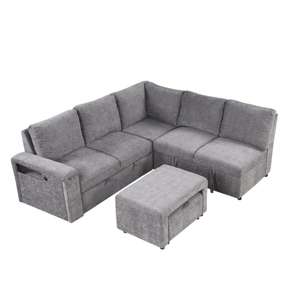 Canapé sectionnel 5 places en L avec pouf coulissant, porte-gobelets intégrés, port de chargement USB et coussins amovibles