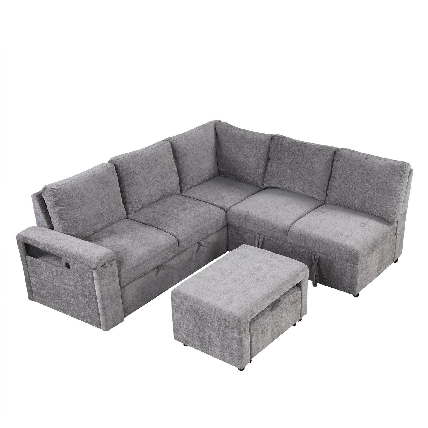 Canapé sectionnel 5 places en L avec pouf coulissant, porte-gobelets intégrés, port de chargement USB et coussins amovibles