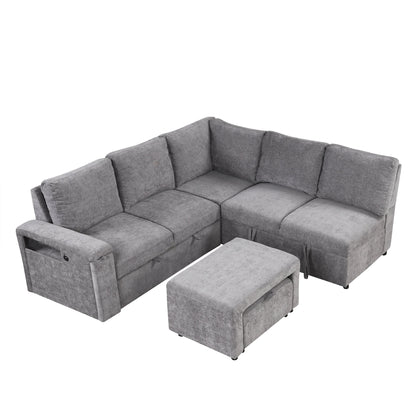 Canapé sectionnel 5 places en L avec pouf coulissant, porte-gobelets intégrés, port de chargement USB et coussins amovibles