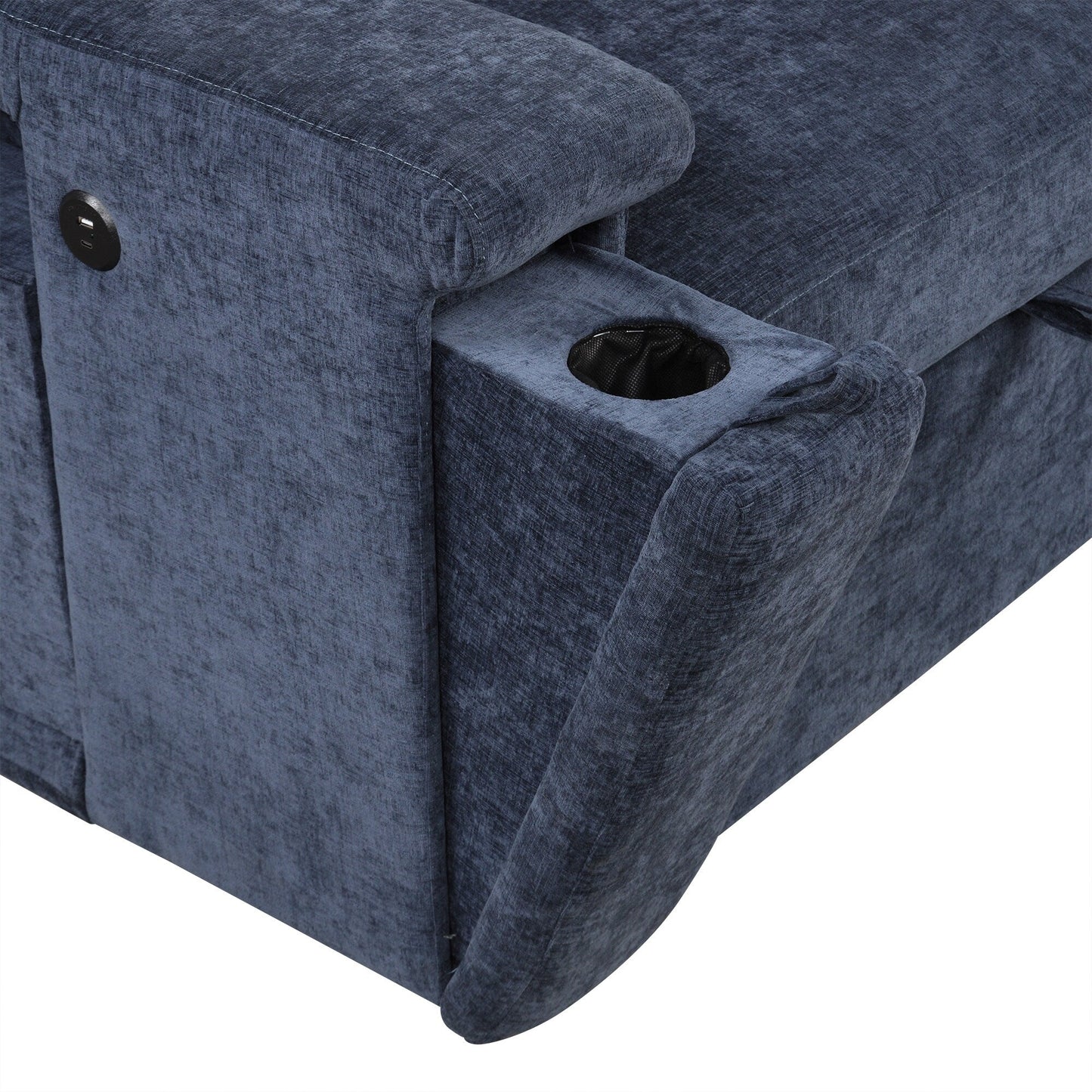 Canapé sectionnel 5 places en L avec pouf coulissant, porte-gobelets intégrés, port de chargement USB et coussins amovibles