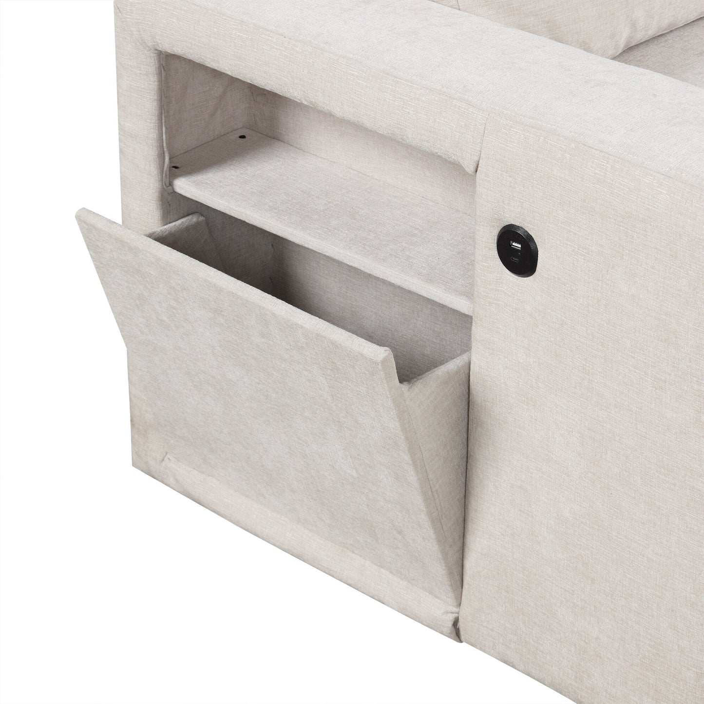 Canapé sectionnel 5 places en L avec pouf coulissant, porte-gobelets intégrés, port de chargement USB et coussins amovibles