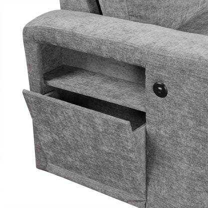 Canapé sectionnel 5 places en L avec pouf coulissant, porte-gobelets intégrés, port de chargement USB et coussins amovibles