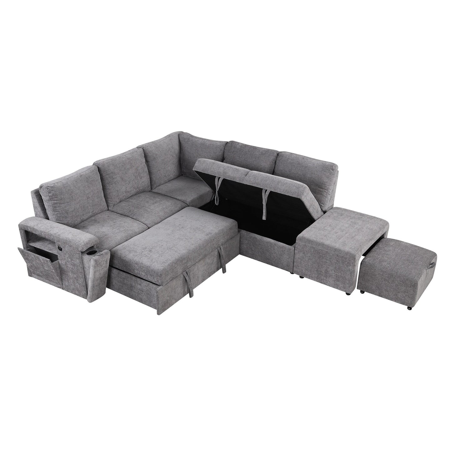 Canapé sectionnel 5 places en L avec pouf coulissant, porte-gobelets intégrés, port de chargement USB et coussins amovibles
