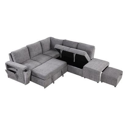 Canapé sectionnel 5 places en L avec pouf coulissant, porte-gobelets intégrés, port de chargement USB et coussins amovibles