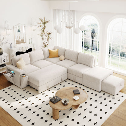 Canapé sectionnel 5 places en L avec pouf coulissant, porte-gobelets intégrés, port de chargement USB et coussins amovibles