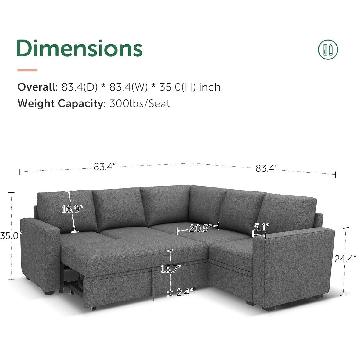 Canapé-lit modulaire en L avec lit gigogne et siège de rangement - Canapé sectionnel convertible pour salon