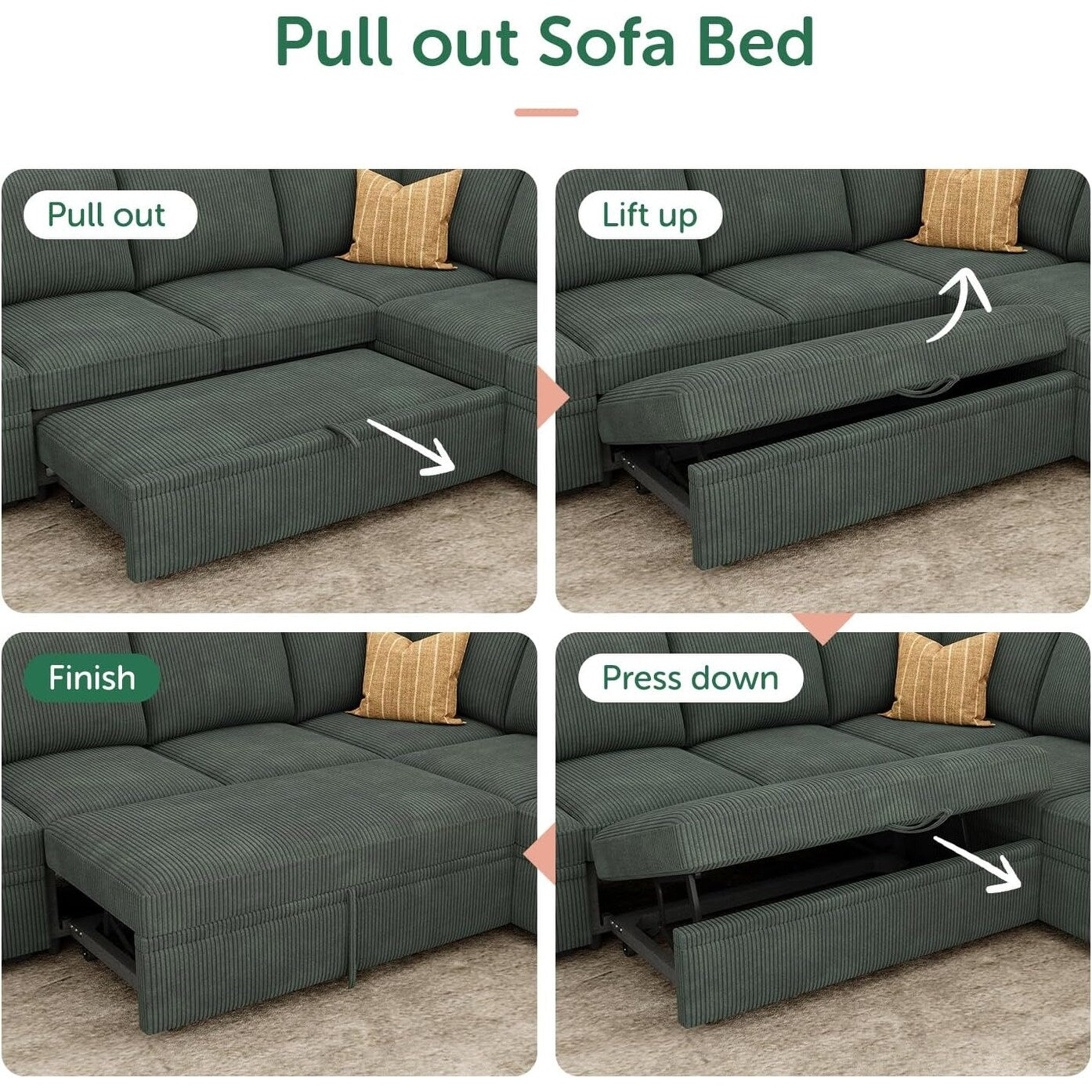 Canapé-lit sectionnel en L avec lit gigogne – Canapé modulaire en velours côtelé avec rangement pour salon, vert