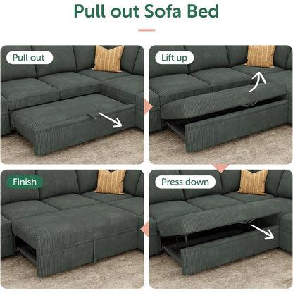 Canapé-lit sectionnel en L avec lit gigogne – Canapé modulaire en velours côtelé avec rangement pour salon, vert