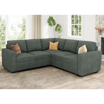 Canapé-lit sectionnel en L avec lit gigogne – Canapé modulaire en velours côtelé avec rangement pour salon, vert