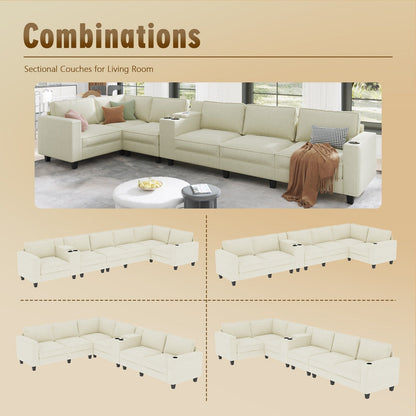 Canapé 6 places en velours côtelé en forme de L, grands accoudoirs de rangement avec console centrale, chargement USB, sièges gauche et droit commutables