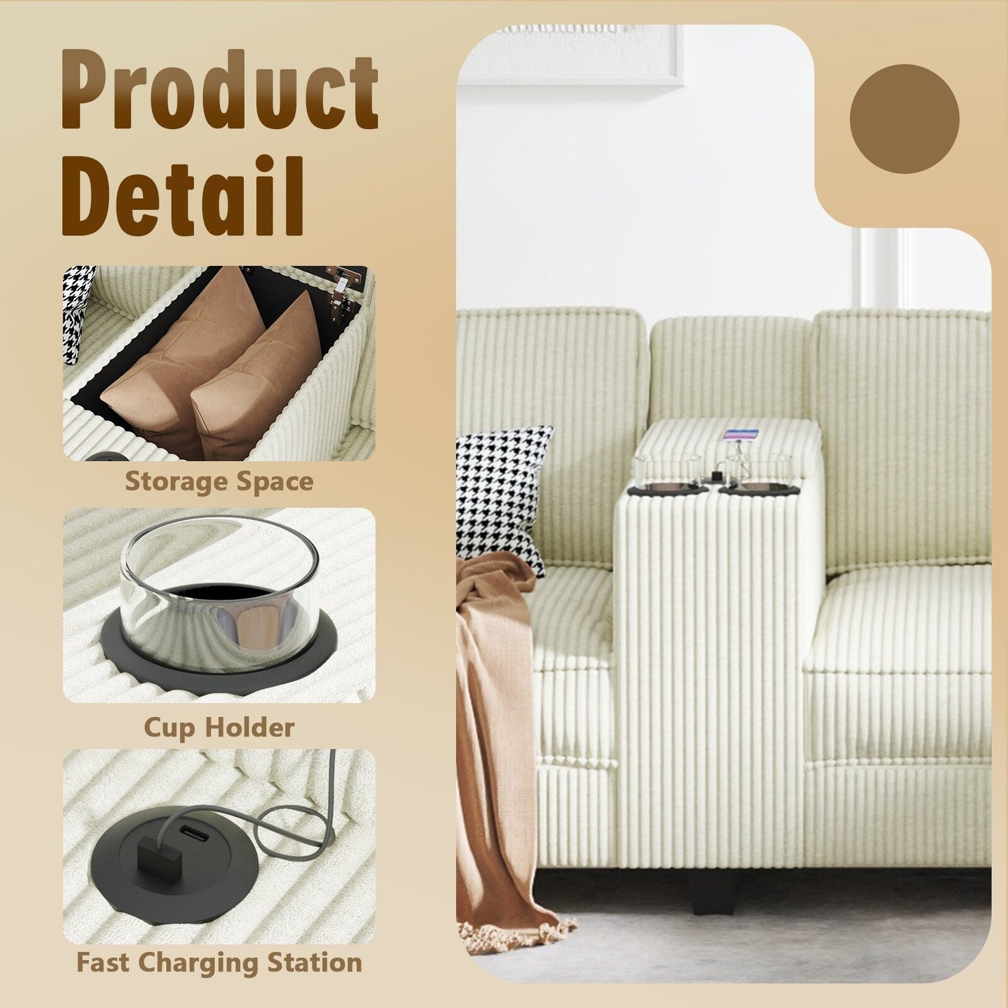 Canapé 6 places en velours côtelé en forme de L, grands accoudoirs de rangement avec console centrale, chargement USB, sièges gauche et droit commutables