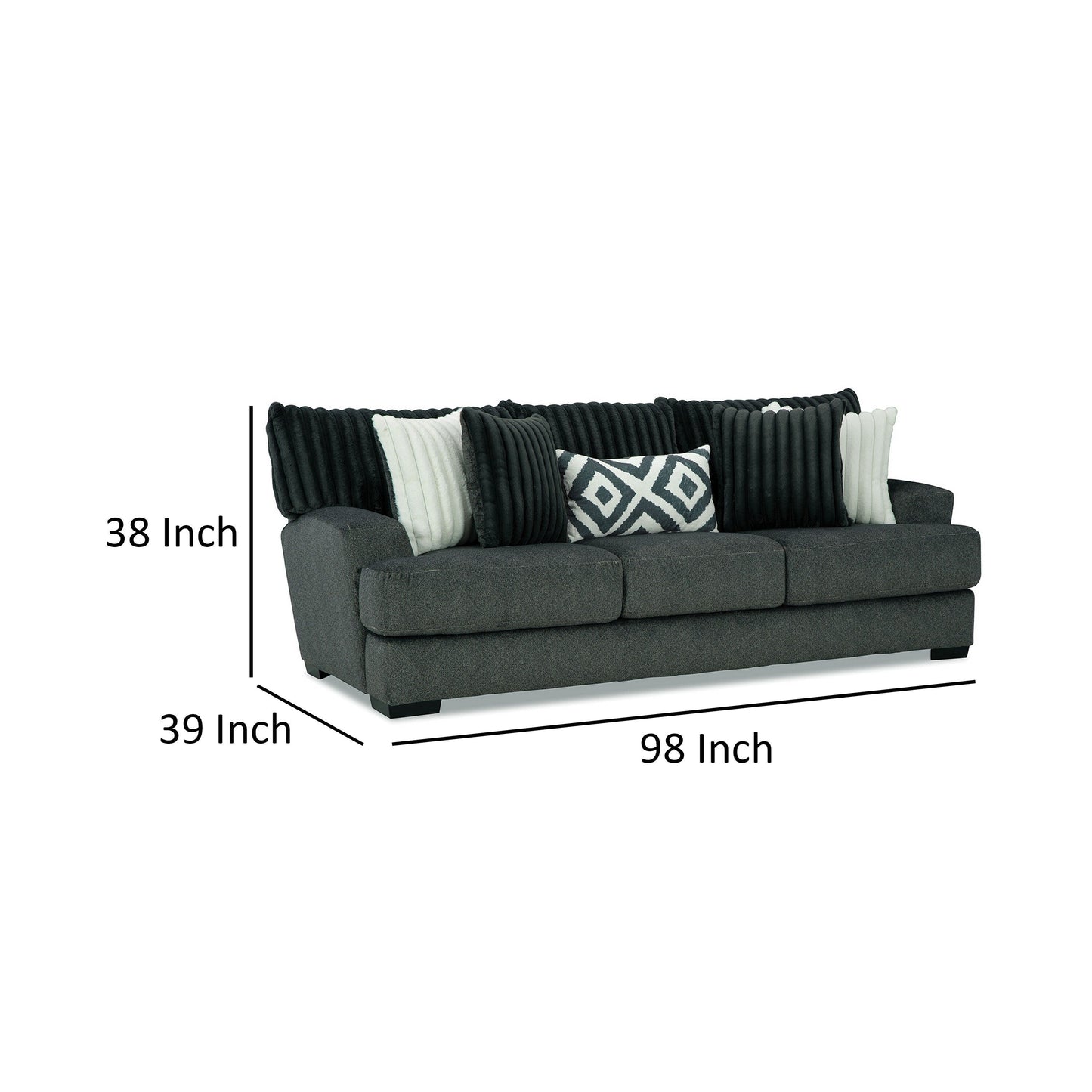 Canapé Laila, 5 coussins décoratifs, 248 cm, bois massif, chenille gris foncé