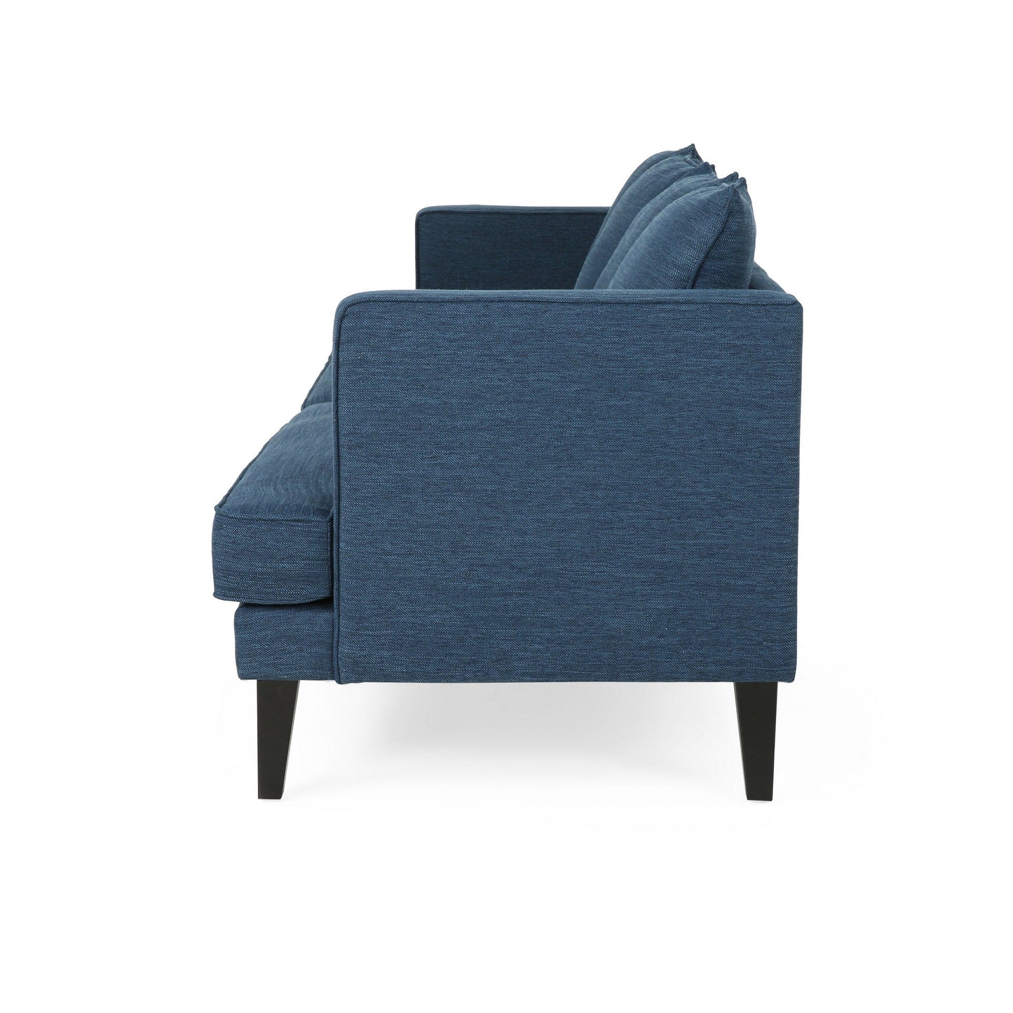 Canapé Lara, 4 coussins, revêtement en polyester bleu, bois noir, 218 cm