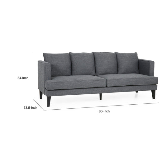 Canapé Lara, 4 coussins, revêtement en polyester gris, bois noir, 218 cm