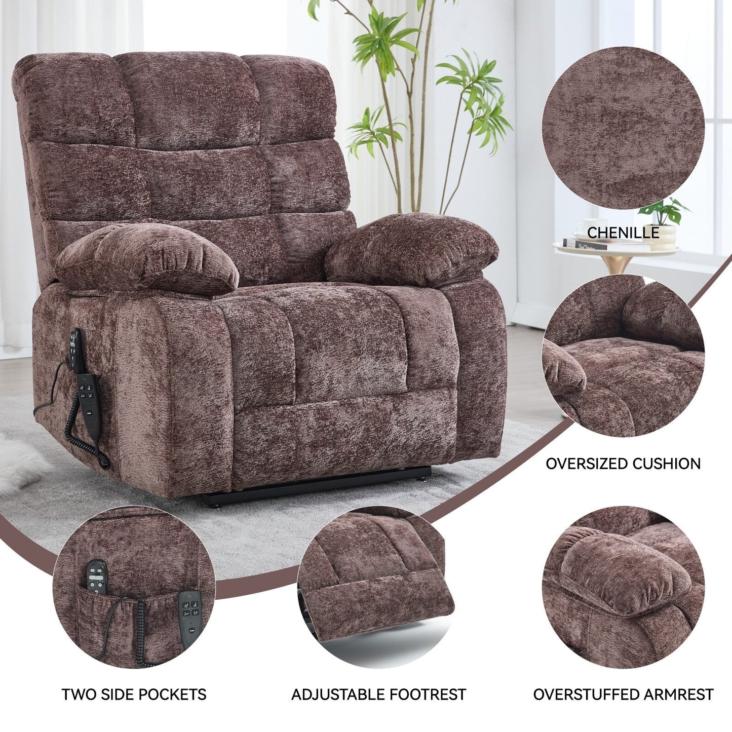 Grand fauteuil inclinable électrique à double moteur en chenille avec massage, chauffage et télécommande, positions infinies