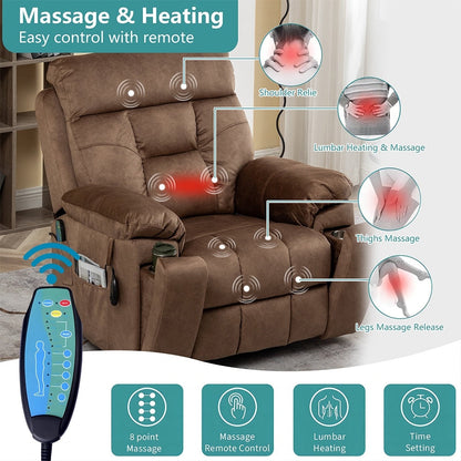 Grand fauteuil inclinable de massage électrique avec chauffage et porte-gobelet dissimulé