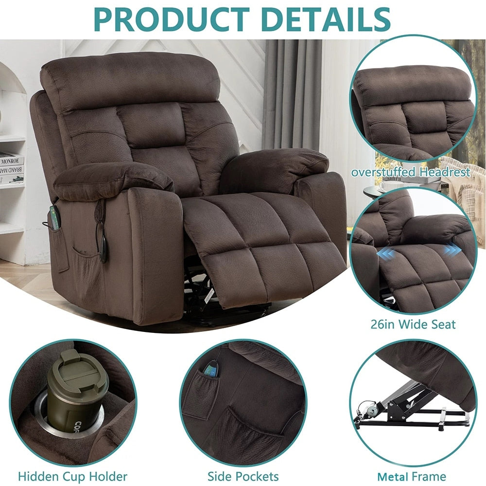 Grand fauteuil inclinable de massage électrique avec chauffage et porte-gobelet dissimulé