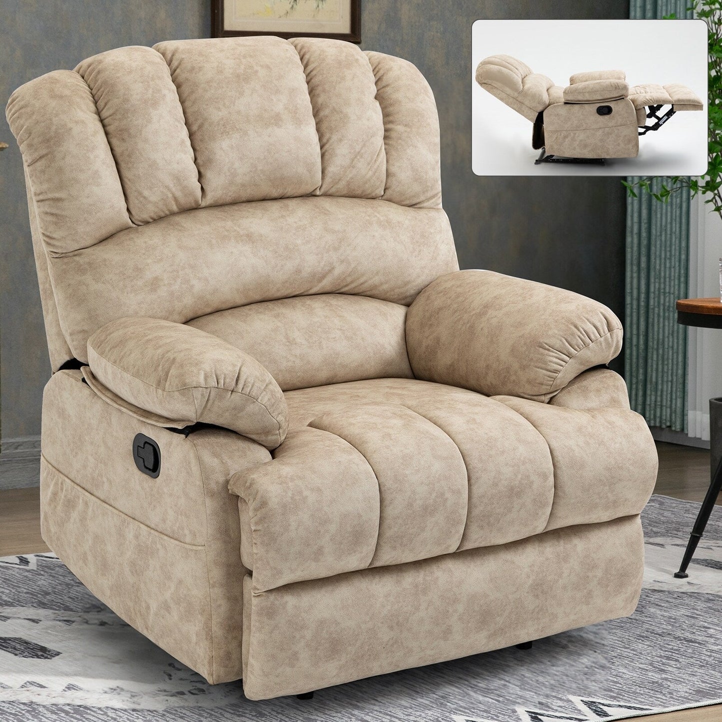 Grand fauteuil inclinable manuel en tissu pour salon, beige