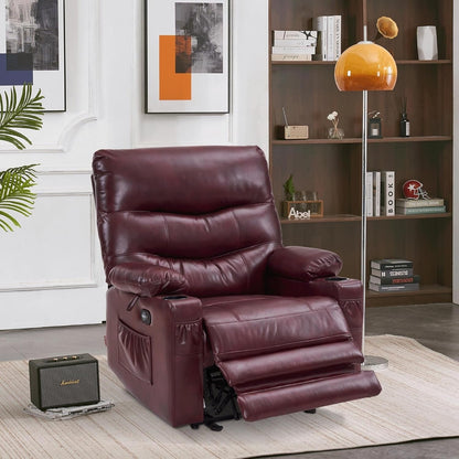 Grand fauteuil inclinable électrique en similicuir avec chauffage et massage, porte-gobelet et port USB