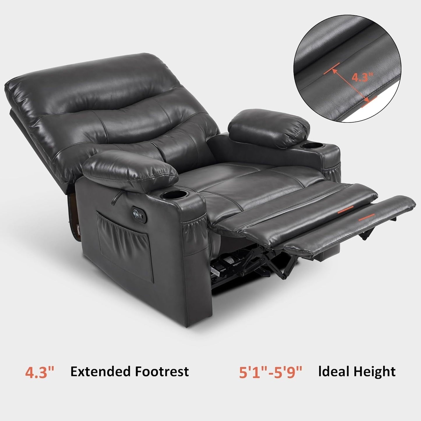 Grand fauteuil inclinable électrique en similicuir avec chauffage et massage, porte-gobelet et port USB