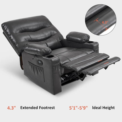 Grand fauteuil inclinable électrique en similicuir avec chauffage et massage, porte-gobelet et port USB