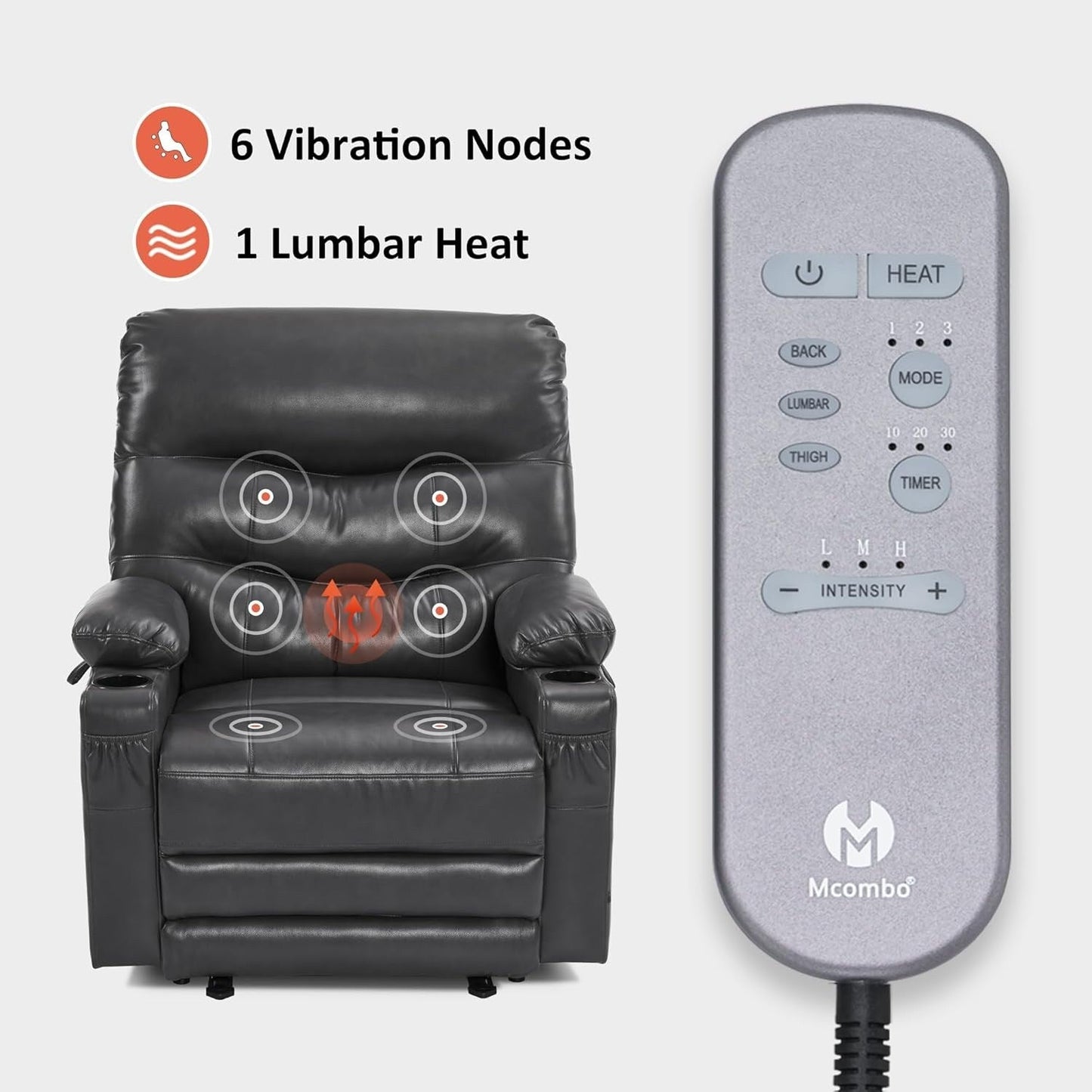 Grand fauteuil inclinable électrique en similicuir avec chauffage et massage, porte-gobelet et port USB