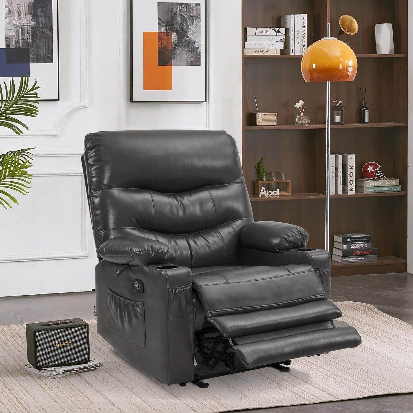 Grand fauteuil inclinable électrique en similicuir avec chauffage et massage, porte-gobelet et port USB