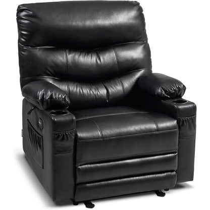 Grand fauteuil inclinable électrique en similicuir avec chauffage et massage, porte-gobelet et port USB