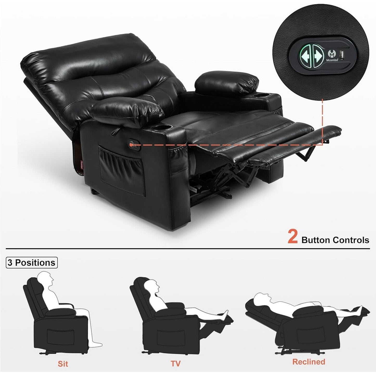 Grand fauteuil inclinable électrique en similicuir avec chauffage et massage, porte-gobelet et port USB