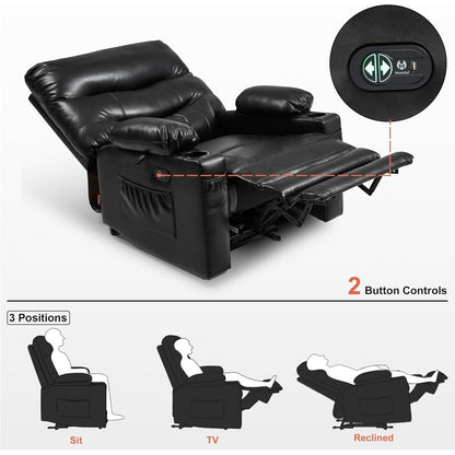 Grand fauteuil inclinable électrique en similicuir avec chauffage et massage, porte-gobelet et port USB