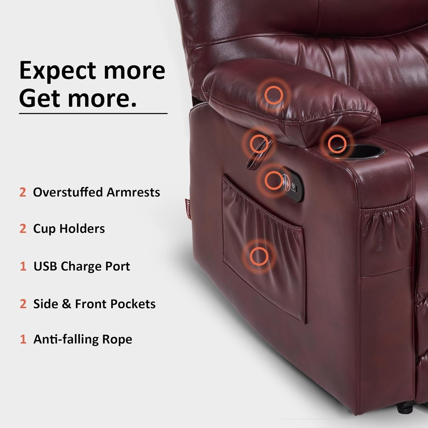 Grand fauteuil inclinable électrique en similicuir avec chauffage et massage, porte-gobelet et port USB