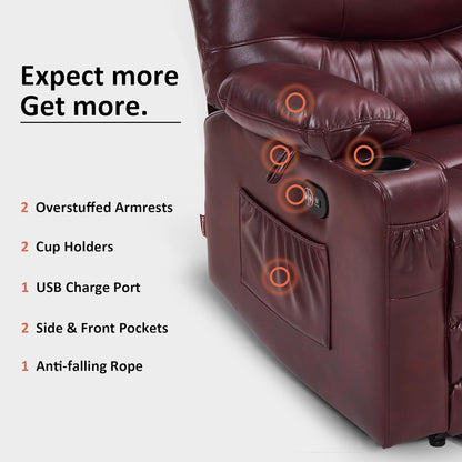 Grand fauteuil inclinable électrique en similicuir avec chauffage et massage, porte-gobelet et port USB