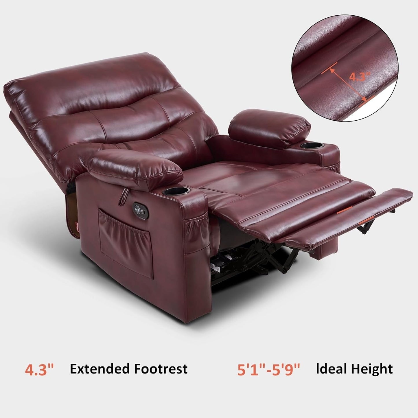 Grand fauteuil inclinable électrique en similicuir avec chauffage et massage, porte-gobelet et port USB