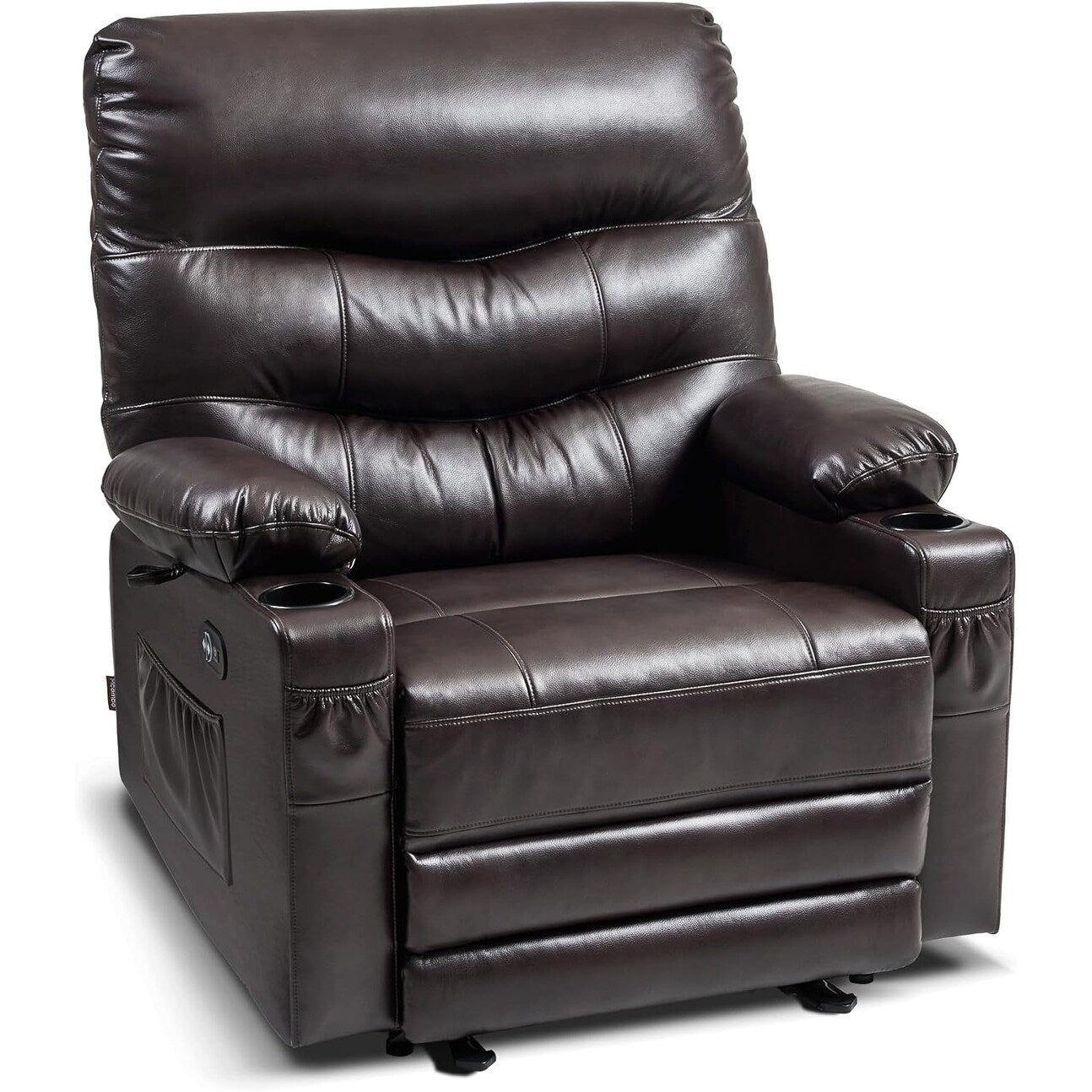 Grand fauteuil inclinable électrique en similicuir avec chauffage et massage, porte-gobelet et port USB
