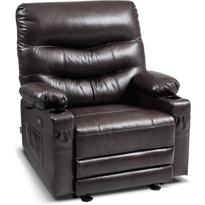 Grand fauteuil inclinable électrique en similicuir avec chauffage et massage, porte-gobelet et port USB